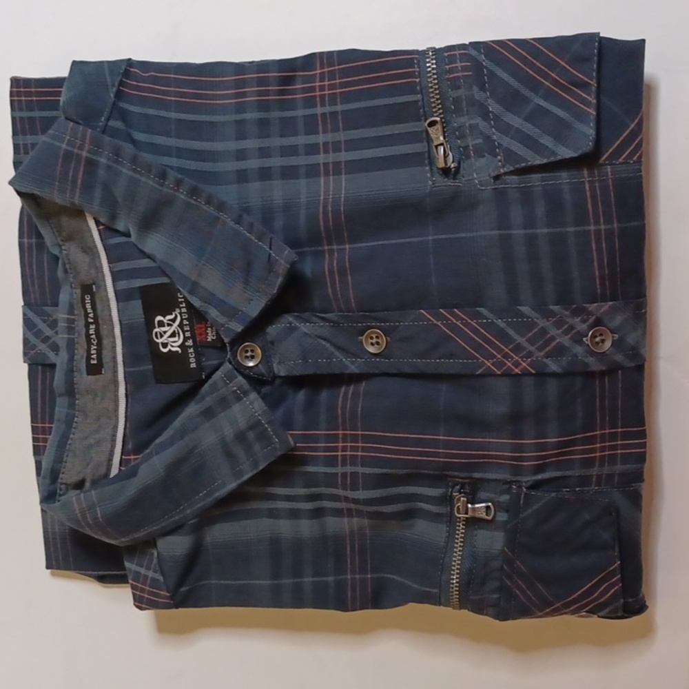 ROCK & REPUBLIC Blue Plaid Long Sleeve Button Down Shirt. Size XXL